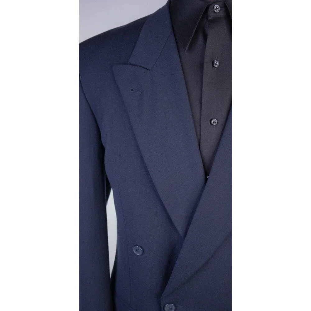 VTG Joseph Abboud Blazer 42L Navy Blue Wool Peak Lapel Double Breasted Made USA